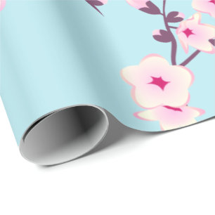 Papier Cadeau Fleurs florales de cerisier bleu ciel rose