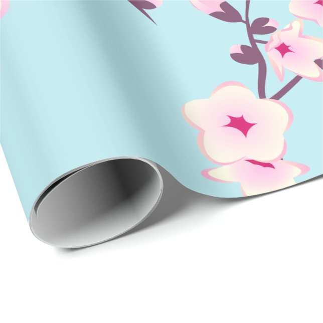 Papier Cadeau Fleurs florales de cerisier bleu ciel rose (Coin rond)