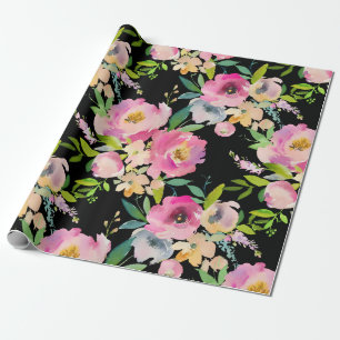 Papier Cadeau Fleurs florales de pêche d'aquarelle lilas rose de