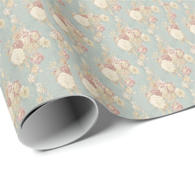 Papier Cadeau Fleurs Florales Rose Bleu Blanc Mariage  (Coin rond)