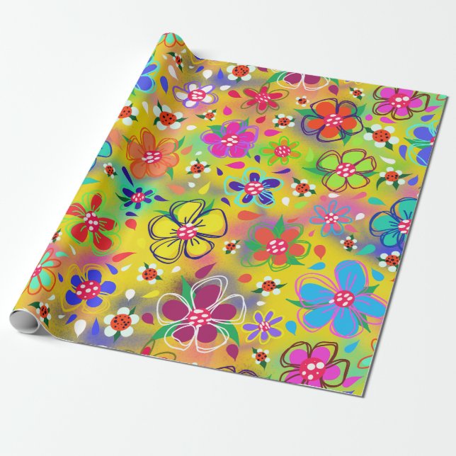 Papier Cadeau Fleurs florissantes de saumons boho sur mûre jaune (Déroulé)