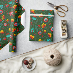 Papier Cadeau Fleurs folkloriques polonaises Wycinanki Vert