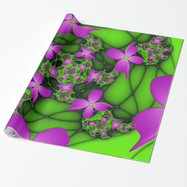 Papier Cadeau Fleurs fractales Abstraites de néon rose vert (Déroulé)