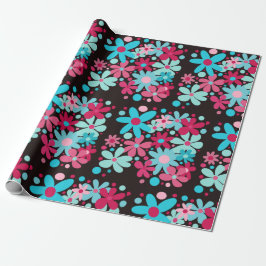Papier Cadeau Fleurs funky bleu et rose