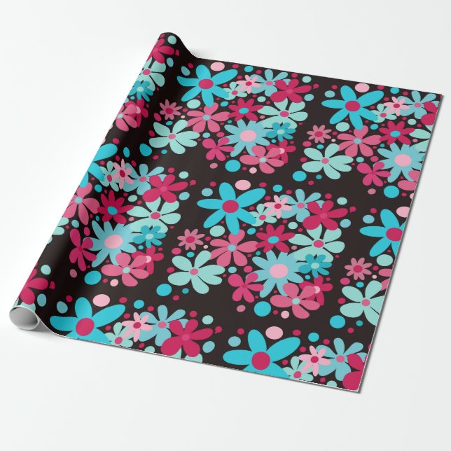 Papier Cadeau Fleurs funky bleu et rose (Déroulé)