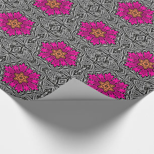 Papier Cadeau Fleurs géométriques - Fuchsia rose et gris