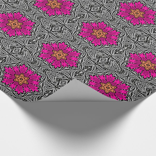Papier Cadeau Fleurs géométriques - Fuchsia rose et gris (Coin)