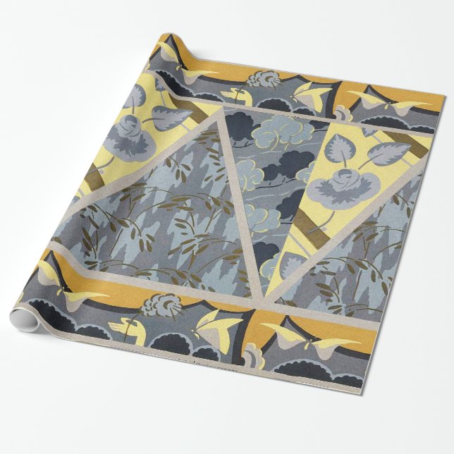 PAPIER CADEAU FLEURS GRIS JAUNES BLEU, BOUTTERFLIES FLEURIES (Déroulé)