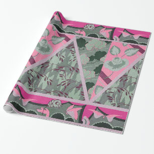 PAPIER CADEAU FLEURS GRISES VERTES ROSES, BUTTERFLIS FLORAUX FRA