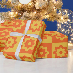 Papier Cadeau Fleurs hippies rétro sur damier jaune orange