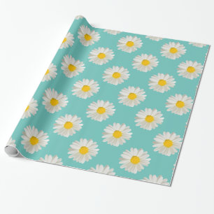 Papier Cadeau Fleurs imprimés floraux marguerites sur le bleu co