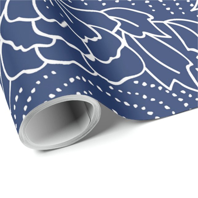 Papier Cadeau Fleurs japonaises blanches et bleues motif (Coin rond)