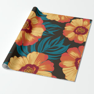 Papier Cadeau Fleurs jaune or et rouge avec Feuilles Turquoises