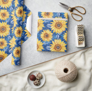 Papier Cadeau Fleurs Jaunes Bleu Anniversaire