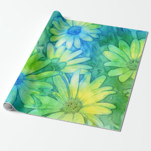 Papier Cadeau Fleurs jaunes bleues vertes abstrait aquarelle