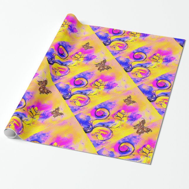 PAPIER CADEAU FLEURS JAUNES, BOUTEILLES D'OR (Déroulé)