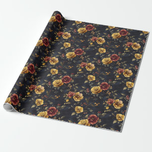 Papier Cadeau Fleurs jaunes et roses foncés sur fond bleu marine