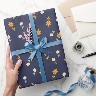 Papier Cadeau Fleurs jaunes minuscules et crème sur bleu marine