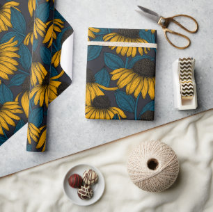 Papier Cadeau Fleurs jaunes sur bleu foncé