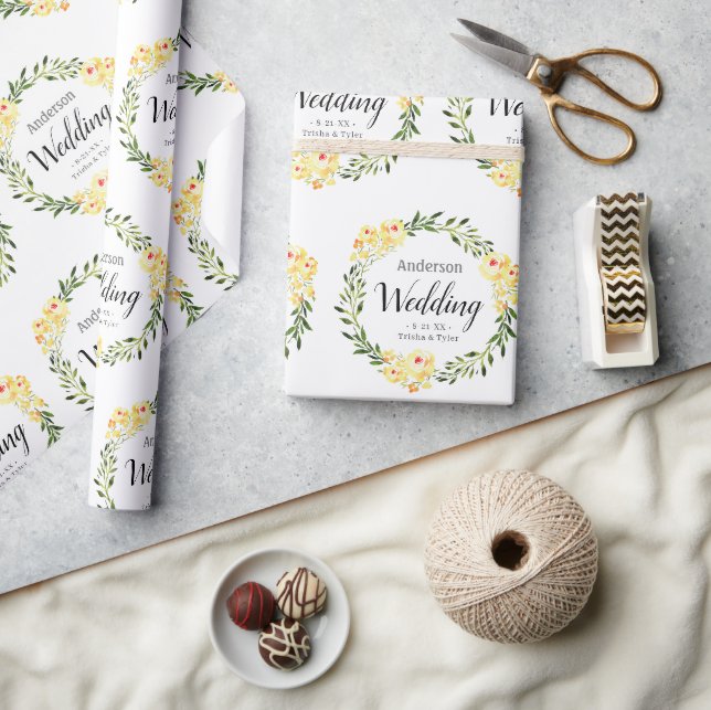 Papier Cadeau Fleurs Jaunes W/C Noms et Date sur Mariage Blanc (Artisanat)