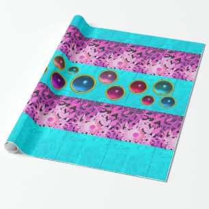 PAPIER CADEAU FLEURS JOURNÉES BLEU TURQUOISES ROSES, PIERRES DE 