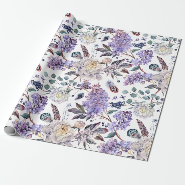 Papier Cadeau Fleurs Lilacs Et Pies (Déroulé)