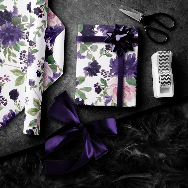 Papier Cadeau Fleurs luxuriantes | Motif floral pourpre et rose (Créateur téléchargé)