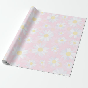 Papier Cadeau Fleurs marguerites blanches Florales roses