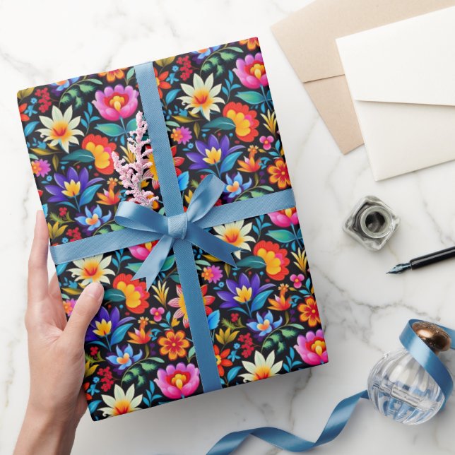 Papier Cadeau Fleurs mexicaines de fiesta carrelées (Cadeaux)