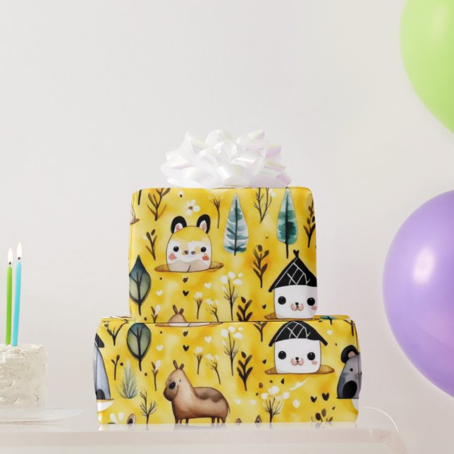 Papier Cadeau Fleurs mignonnes maisons animaux Enveloppement Pap (Cadeaux de fête)