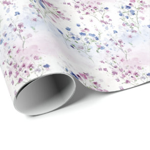 Papier Cadeau Fleurs minuscules violettes et bleues sur blanc