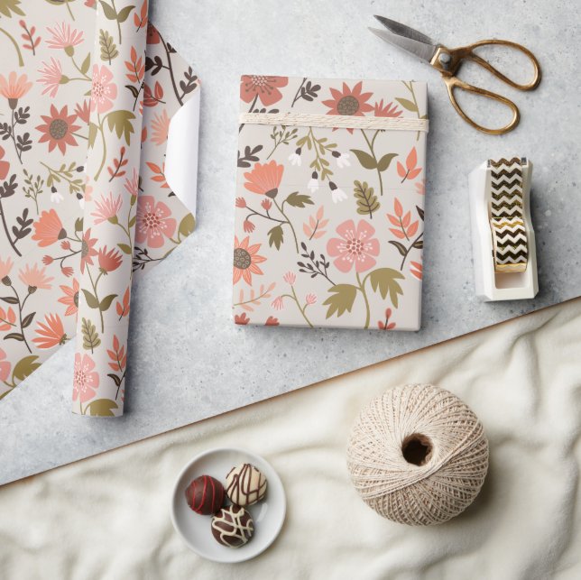 Papier Cadeau Fleurs modernes Feuilles Rose rouille Girly Floral (Artisanat)