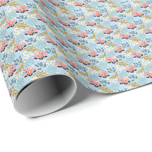 Papier Cadeau Fleurs Modernes sur Fond Bleu