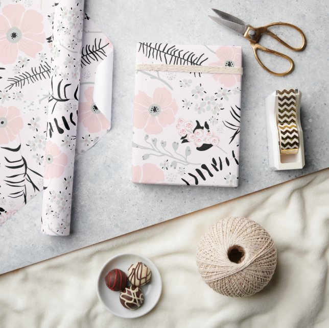Papier Cadeau Fleurs Motif botanique noir rose (Artisanat)