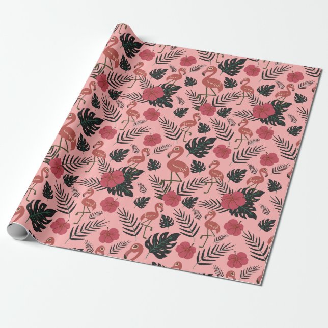 Papier Cadeau Fleurs motifs et feuilles flamands roses (Déroulé)
