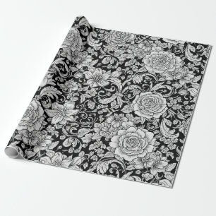 Papier Cadeau Fleurs noires et blanches, motif sans couture vint