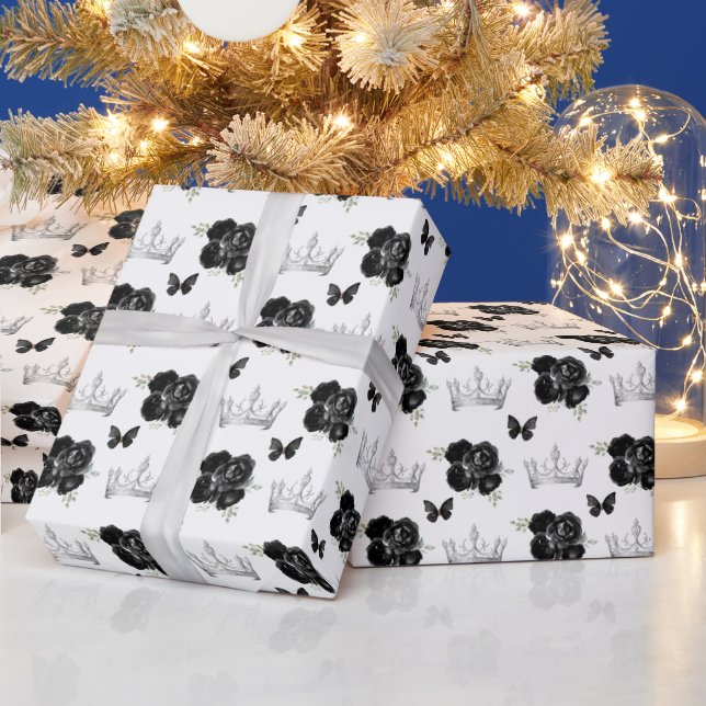 Papier Cadeau Fleurs noires et Couronnes d'argent (Vacances)