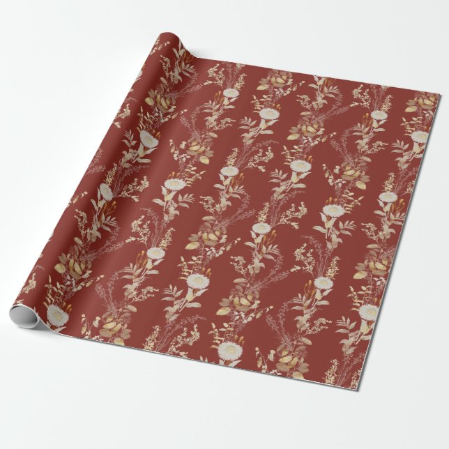 Papier cadeau Fleurs or Bourgogne élégant (Déroulé)