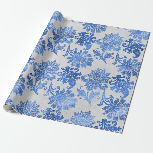 Papier Cadeau Fleurs ornées bleues sur blanc (Déroulé)