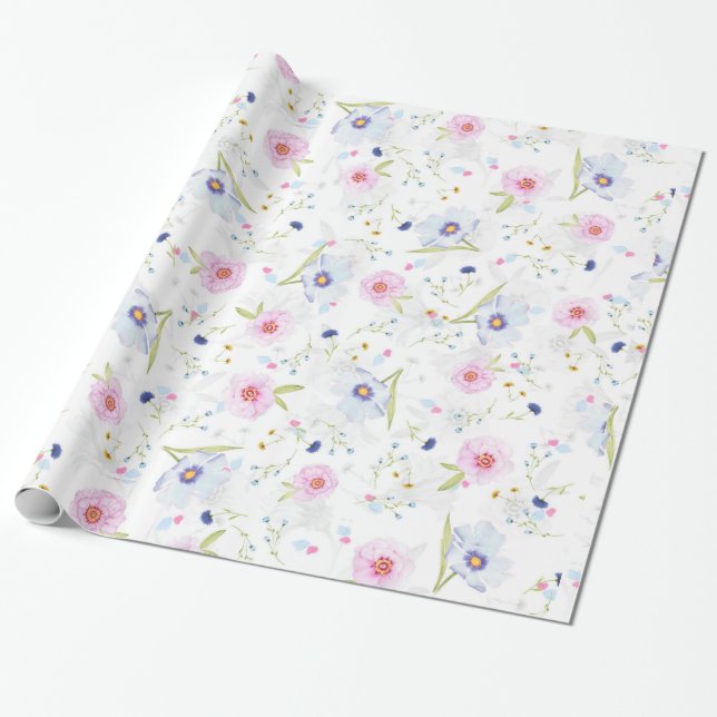 Papier Cadeau Fleurs Pâles Roses Et Bleues (Déroulé)