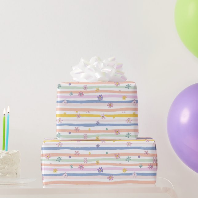 Papier Cadeau Fleurs Pastel Rayures Mariage Baby Shower Filles (Cadeaux de fête)