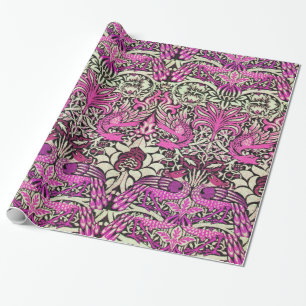 Papier Cadeau FLEURS, PEACOCKS ET DRAGONS Rose violet