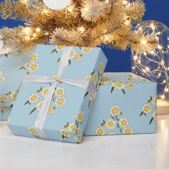 Papier Cadeau Fleurs Plantes de marguerites avec la nature bleue (Vacances)