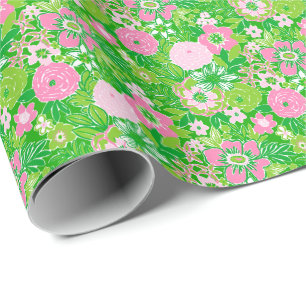 Papier Cadeau Fleurs preppy de Palm Beach rose et vert
