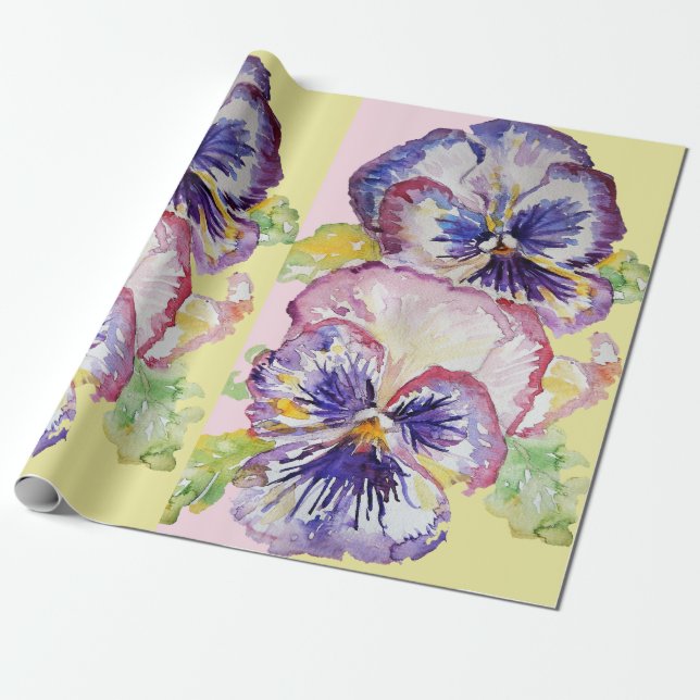 Papier Cadeau Fleurs printanières jaunes rose pâle et rose Aquar (Déroulé)