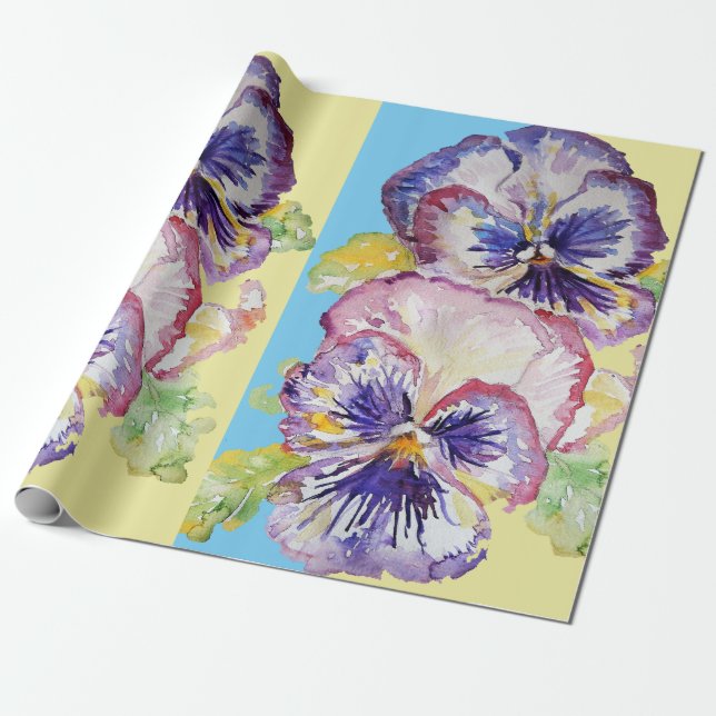 Papier Cadeau Fleurs printanières violettes Pansy Jaune Aquarell (Déroulé)