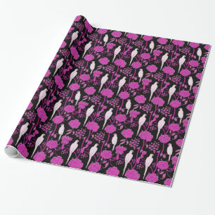 PAPIER CADEAU FLEURS PURPLES ART DÉCO, PARROTS BLANCS SUR NOIR