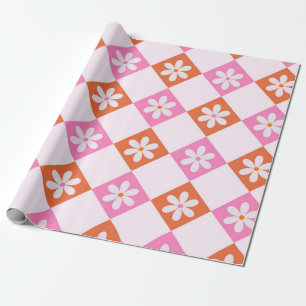 Papier Cadeau Fleurs rétro blanches sur diamants orange et roses
