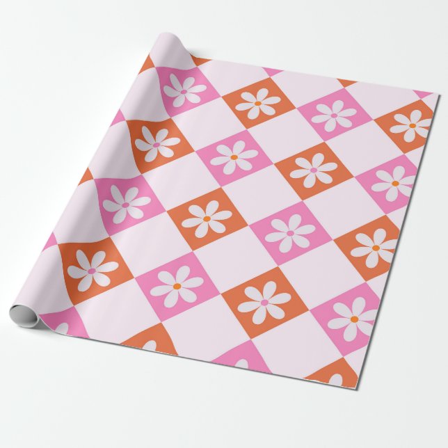 Papier Cadeau Fleurs rétro blanches sur diamants orange et roses (Déroulé)