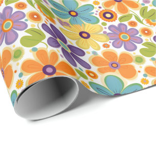 Papier Cadeau Fleurs rétro Lilac orange et vert